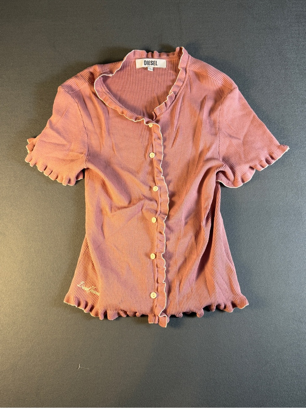 Diesel Mauve Pink Ruffle-Trim Short Sleeve Button Top